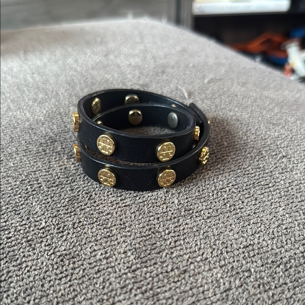 Black Leather Tory Burch Wrap Bracelet